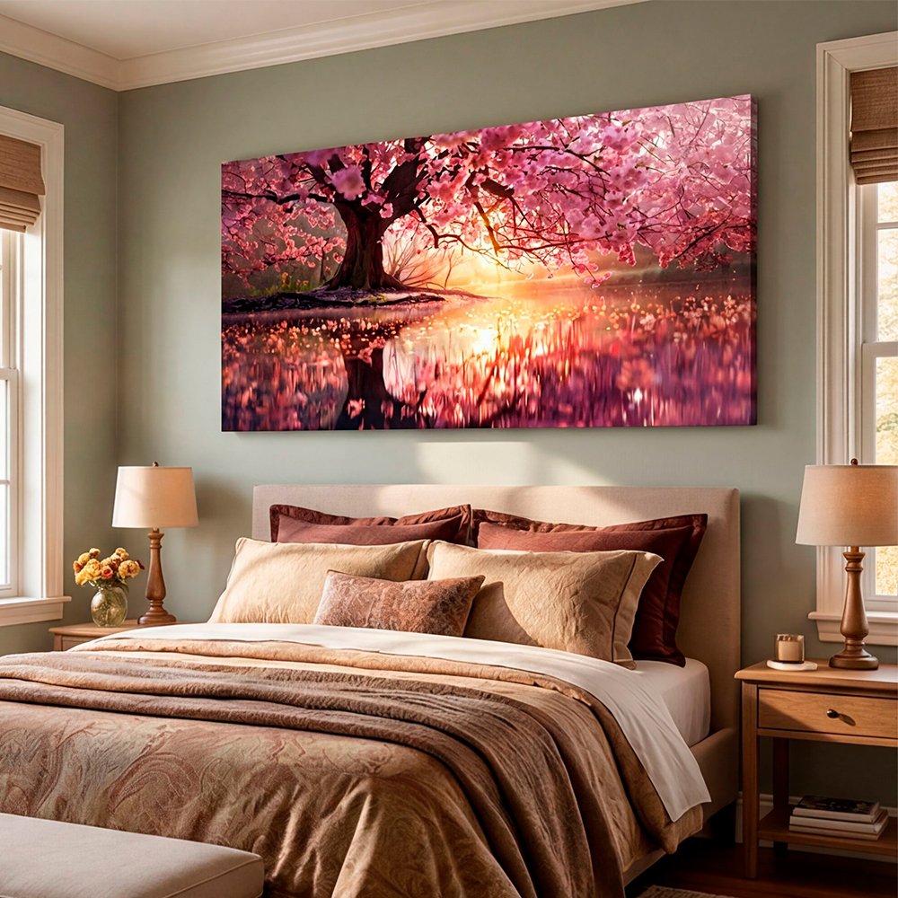 Canvas Wall Art Cherry blossom Tree Lake Large for Living Room Office Home - Image 2
