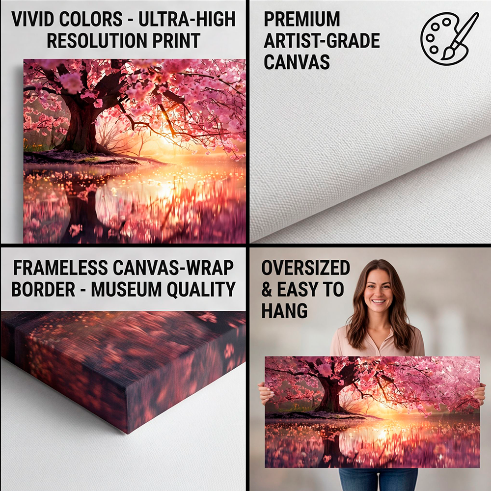 Canvas Wall Art Cherry blossom Tree Lake Large for Living Room Office Home - Image 3