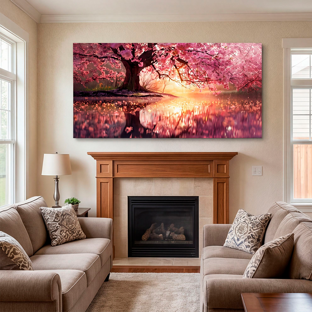 Canvas Wall Art Cherry blossom Tree Lake Large for Living Room Office Home - Image 4