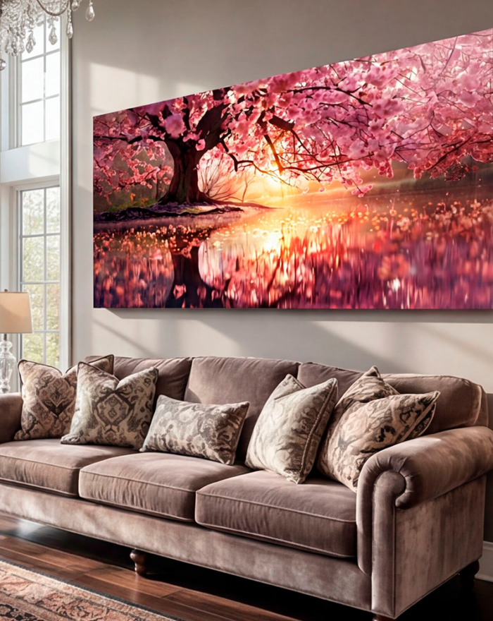Canvas Wall Art Cherry blossom Tree Lake Large for Living Room Office Home