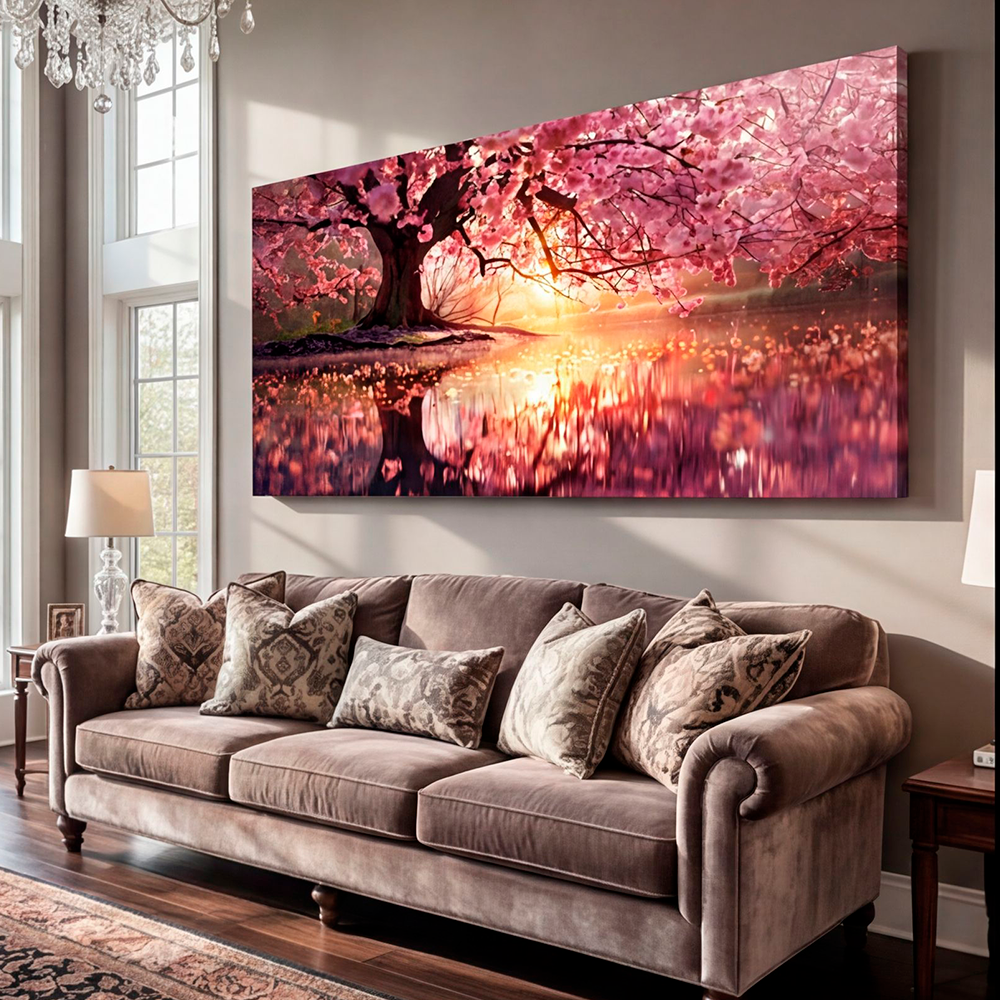 Canvas Wall Art Cherry blossom Tree Lake Large for Living Room Office Home