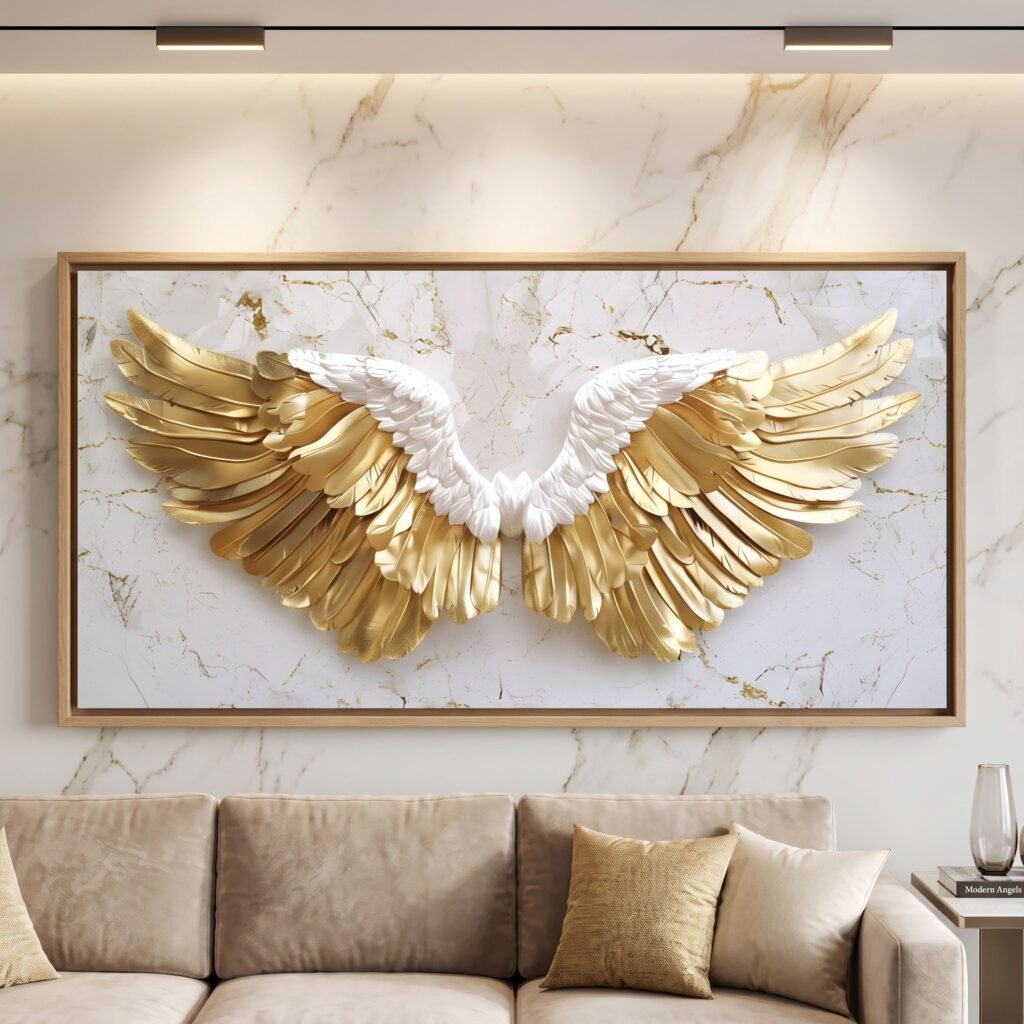 Canvas Wall Art White Golden Marble Angel Wings Large for Living Room Office Home