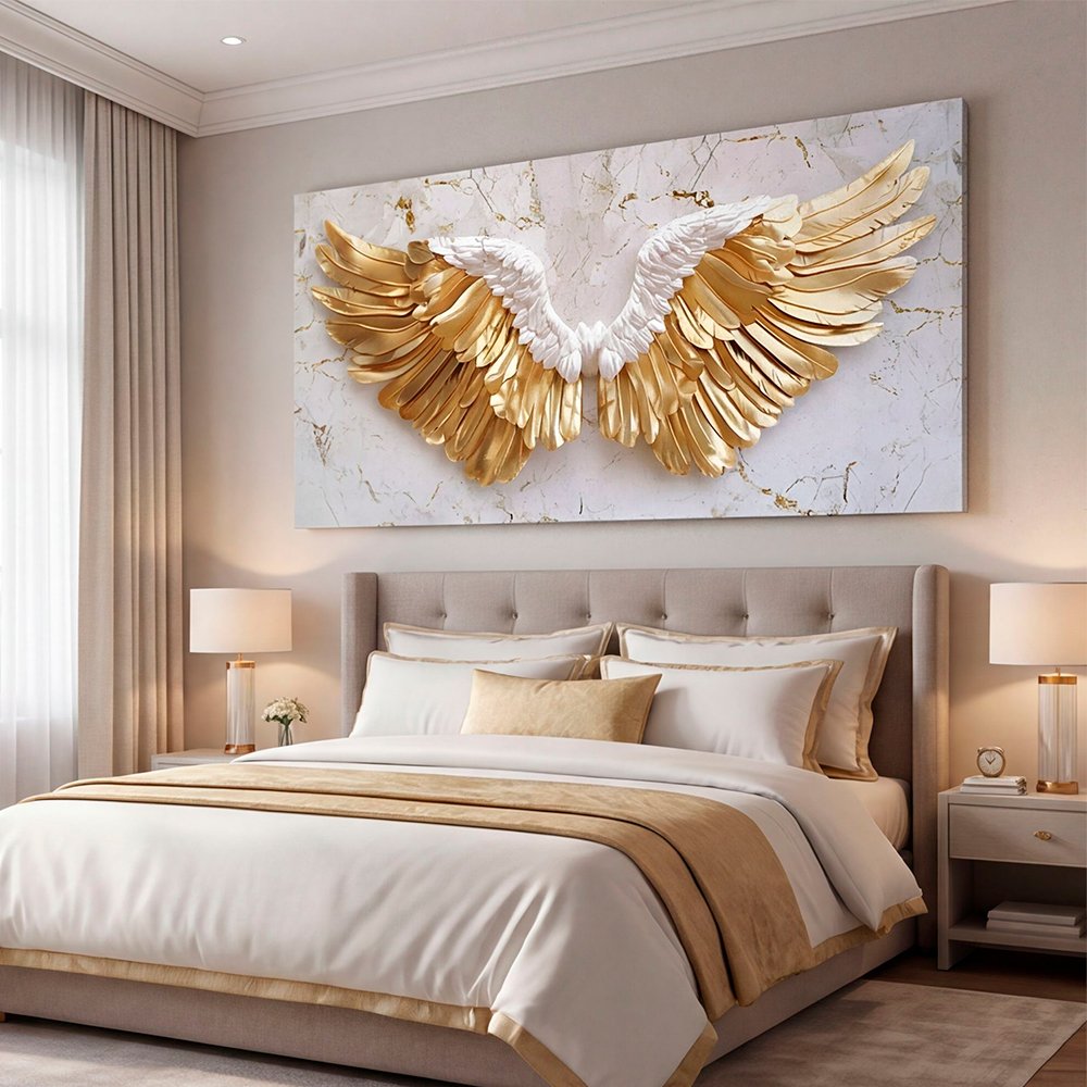Canvas Wall Art White Golden Marble Angel Wings Large for Living Room Office Home - Image 2