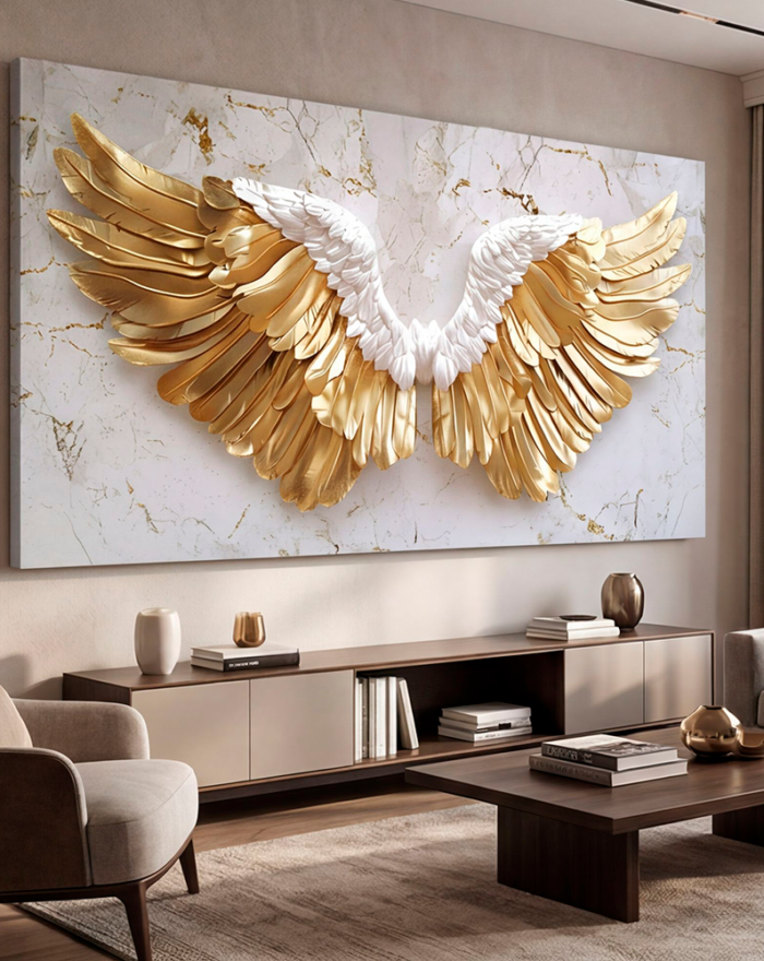 Canvas Wall Art White Golden Marble Angel Wings Large for Living Room Office Home
