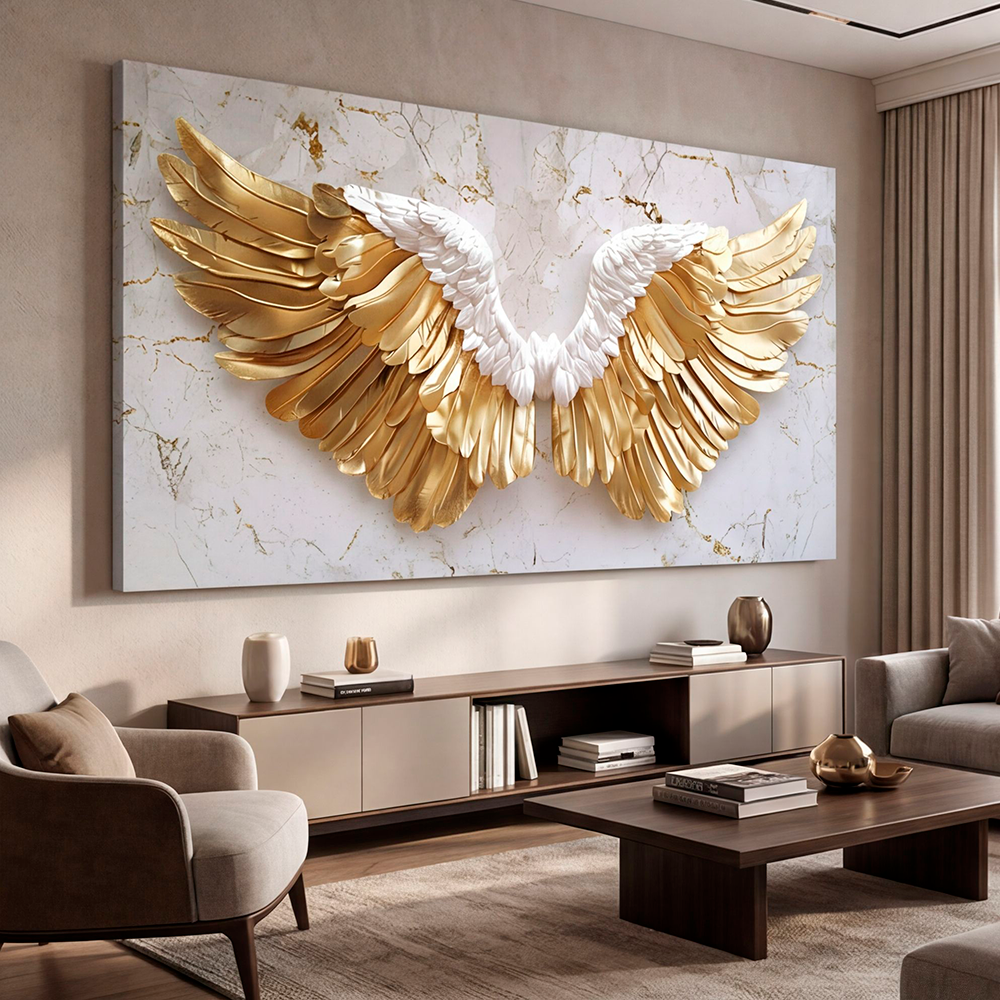 Canvas Wall Art White Golden Marble Angel Wings Large for Living Room Office Home