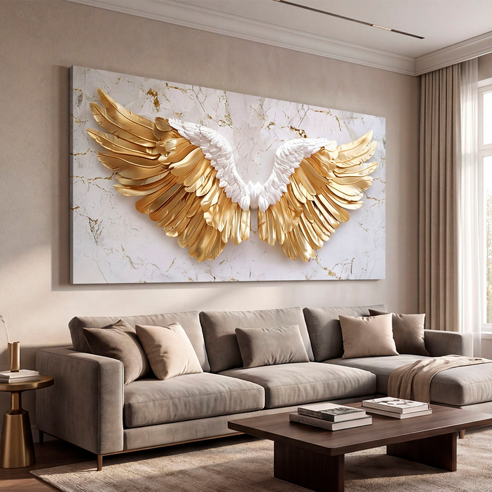 Canvas Wall Art White Golden Marble Angel Wings Large for Living Room Office Home - Image 4