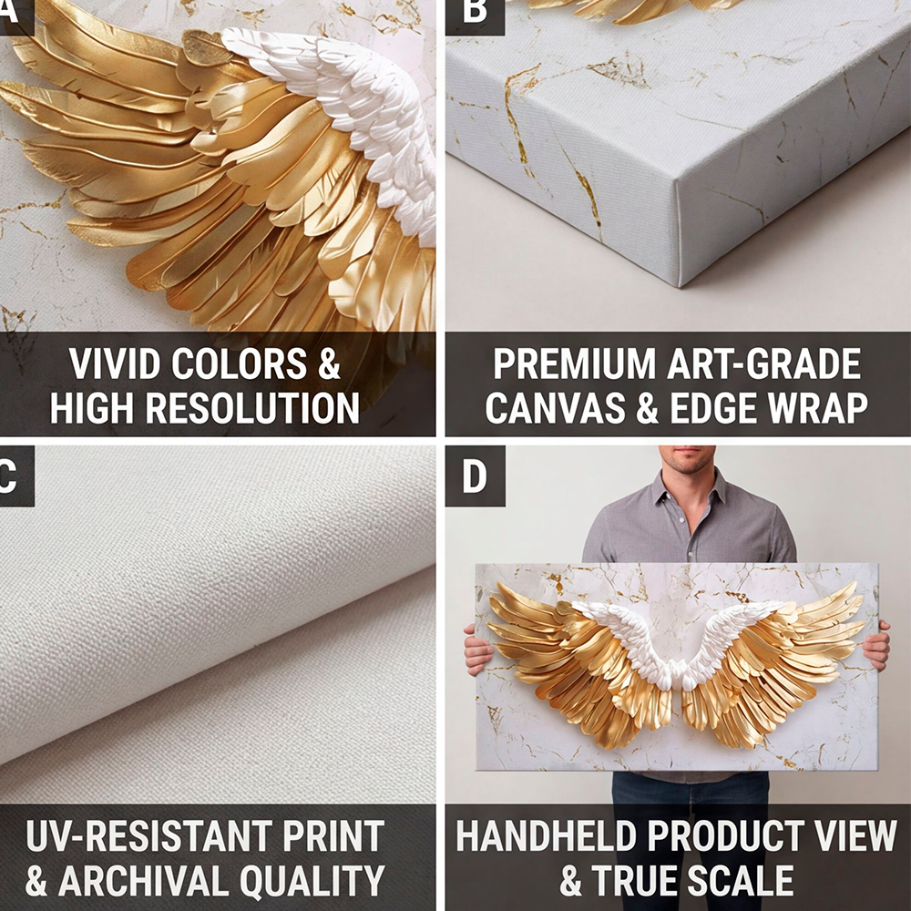 Canvas Wall Art White Golden Marble Angel Wings Large for Living Room Office Home - Image 5