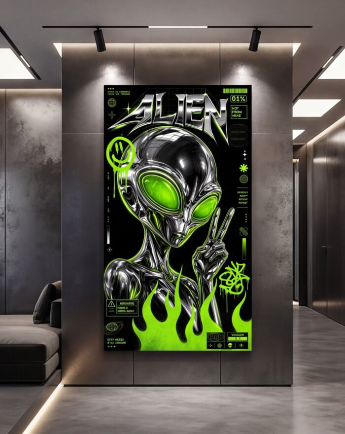 Canvas Wall Art Alien Ufo Black Green Living Room Home