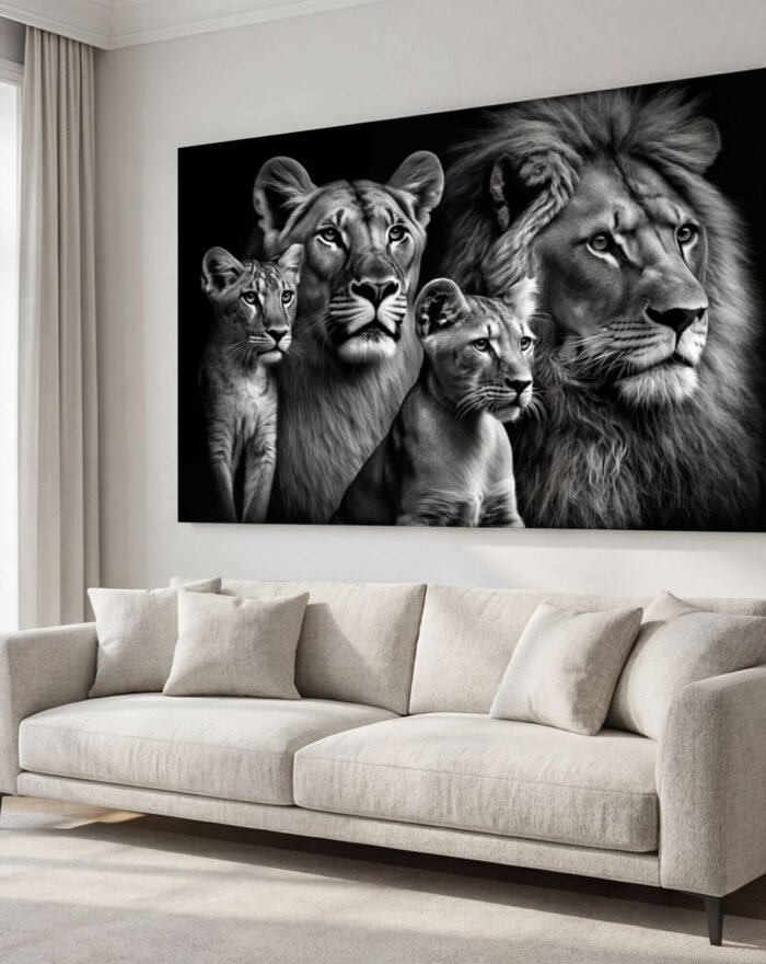 Canvas Wall Art Lion Family Black White Living Room Office Home