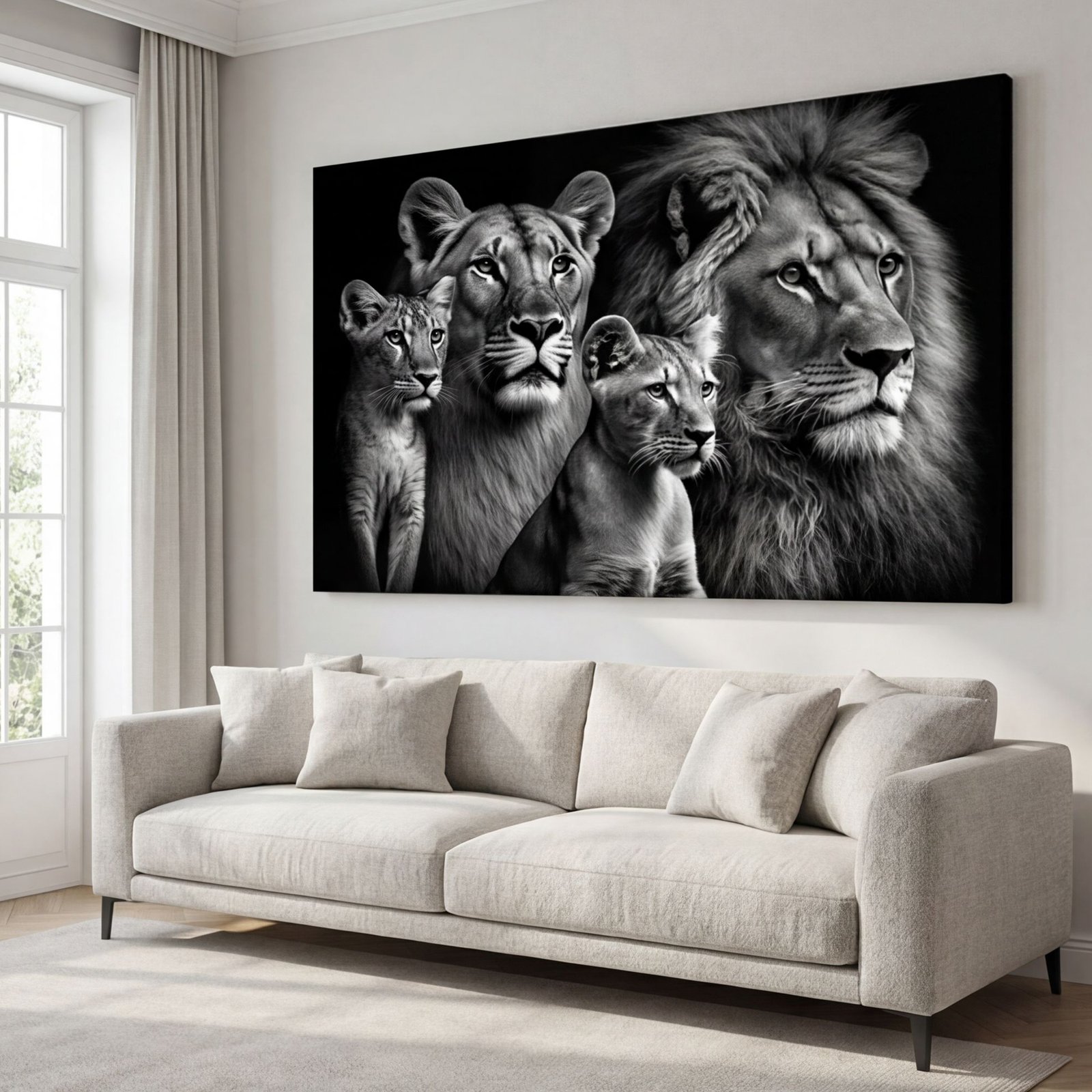 Canvas Wall Art Lion Family Black White Living Room Office Home