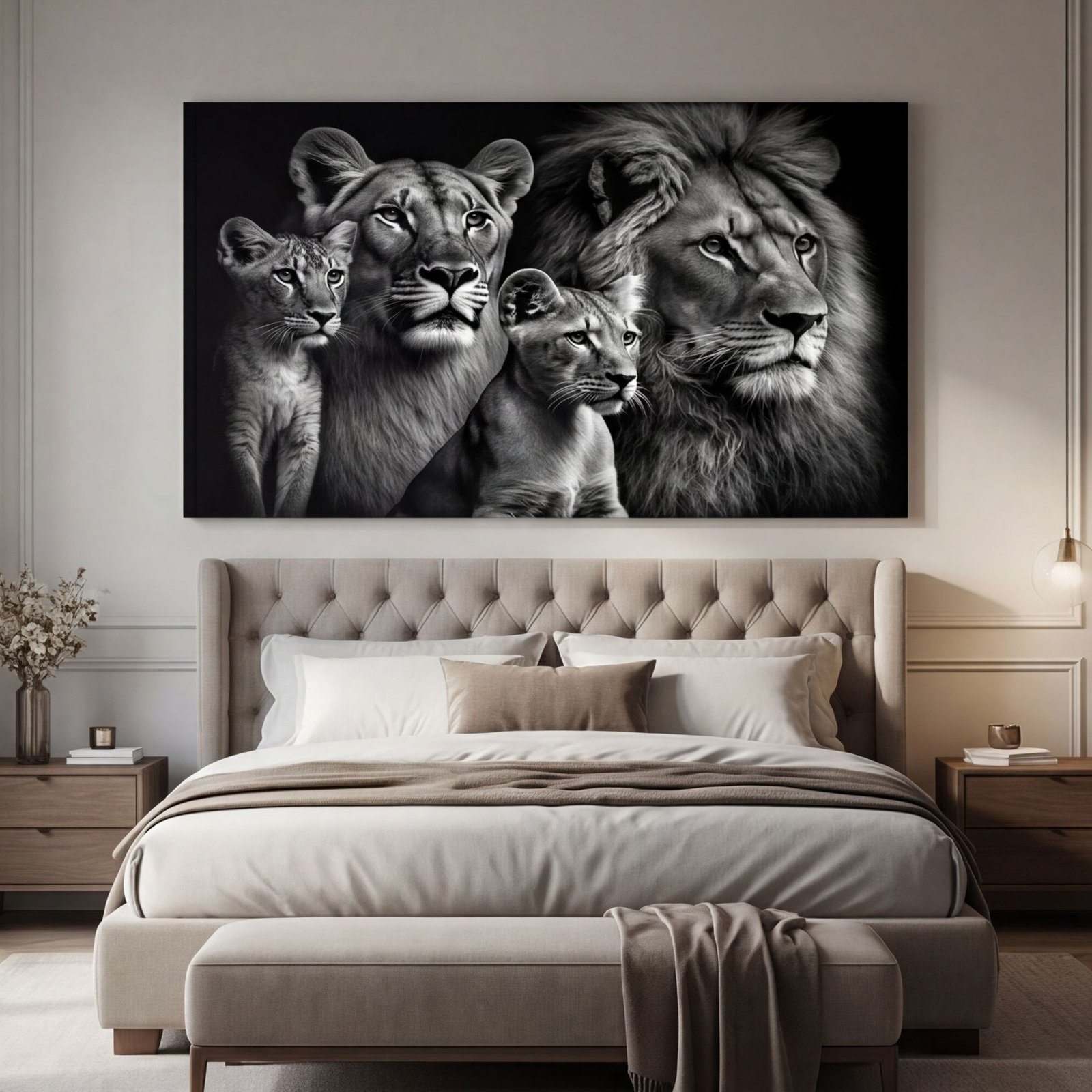 Canvas Wall Art Lion Family Black White Living Room Office Home - Image 4