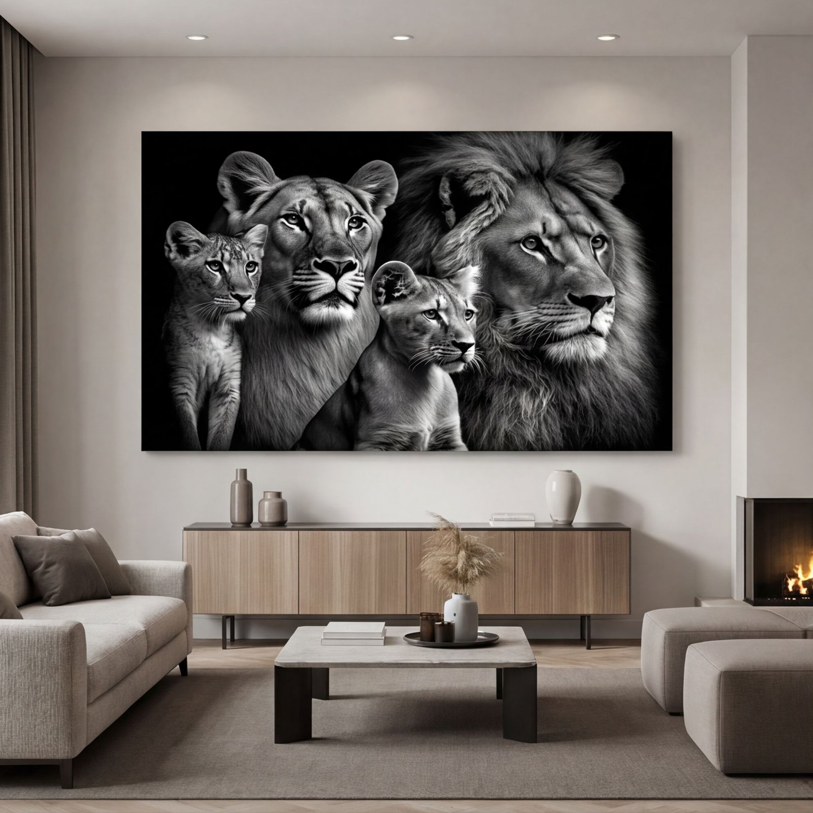 Canvas Wall Art Lion Family Black White Living Room Office Home - Image 5