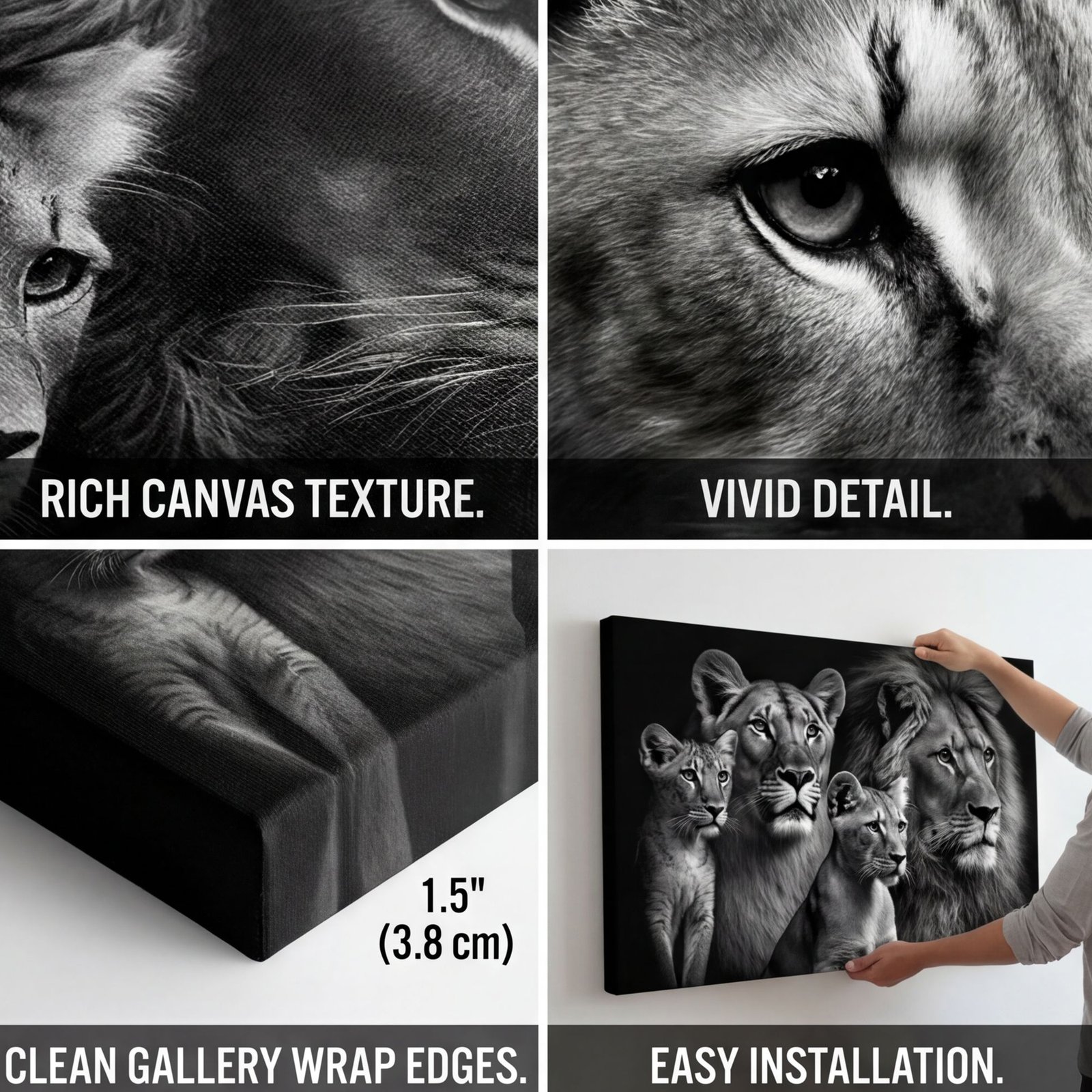 Canvas Wall Art Lion Family Black White Living Room Office Home - Image 3