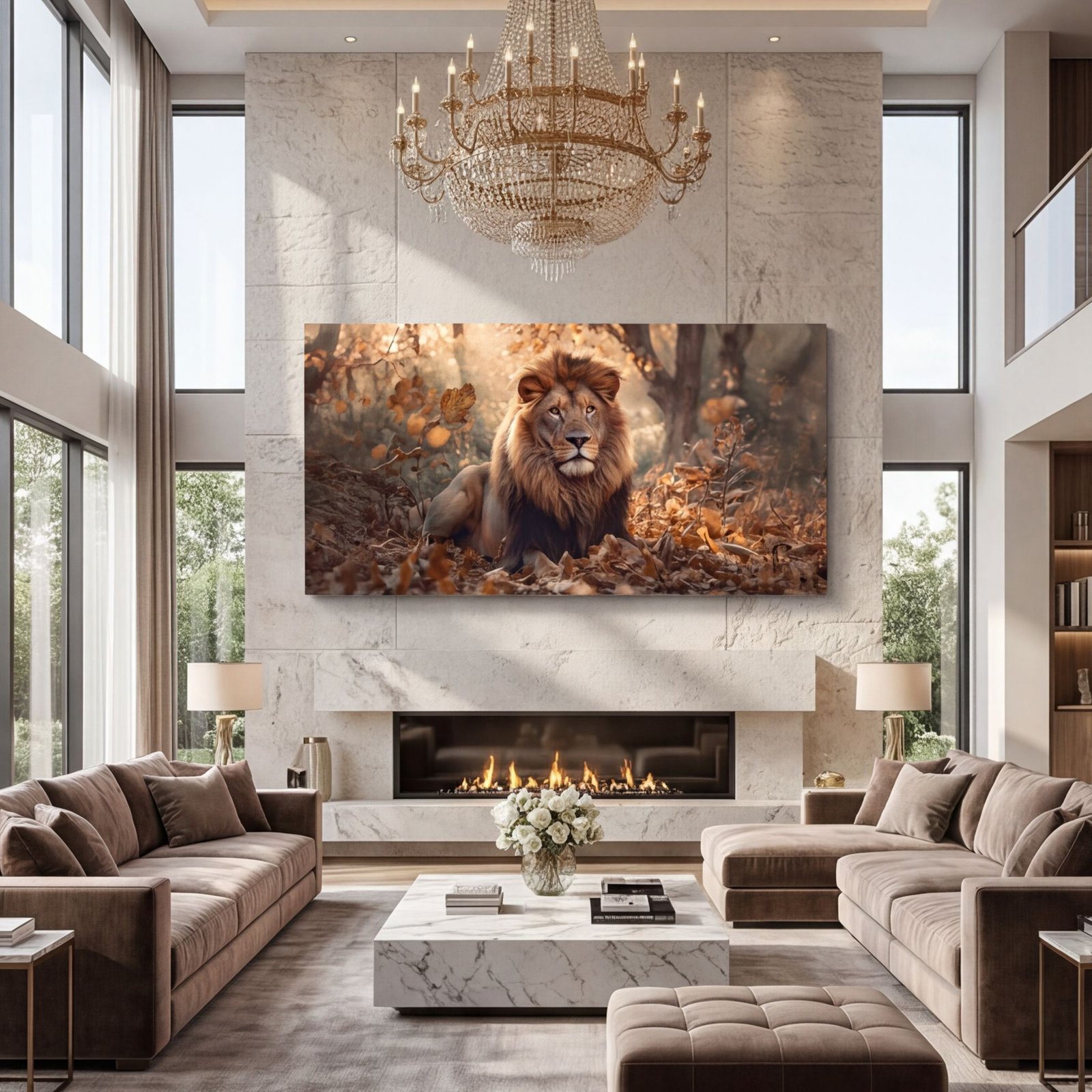 Canvas Wall Art Lion on Autumn Leaves Living Room Office Home - Image 2