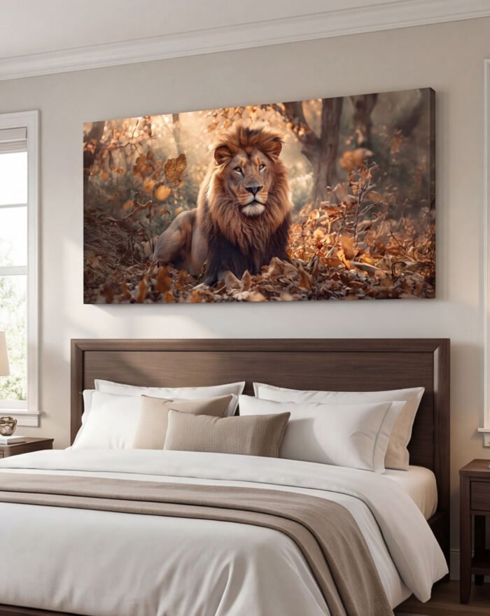 Canvas Wall Art Lion on Autumn Leaves Living Room Office Home