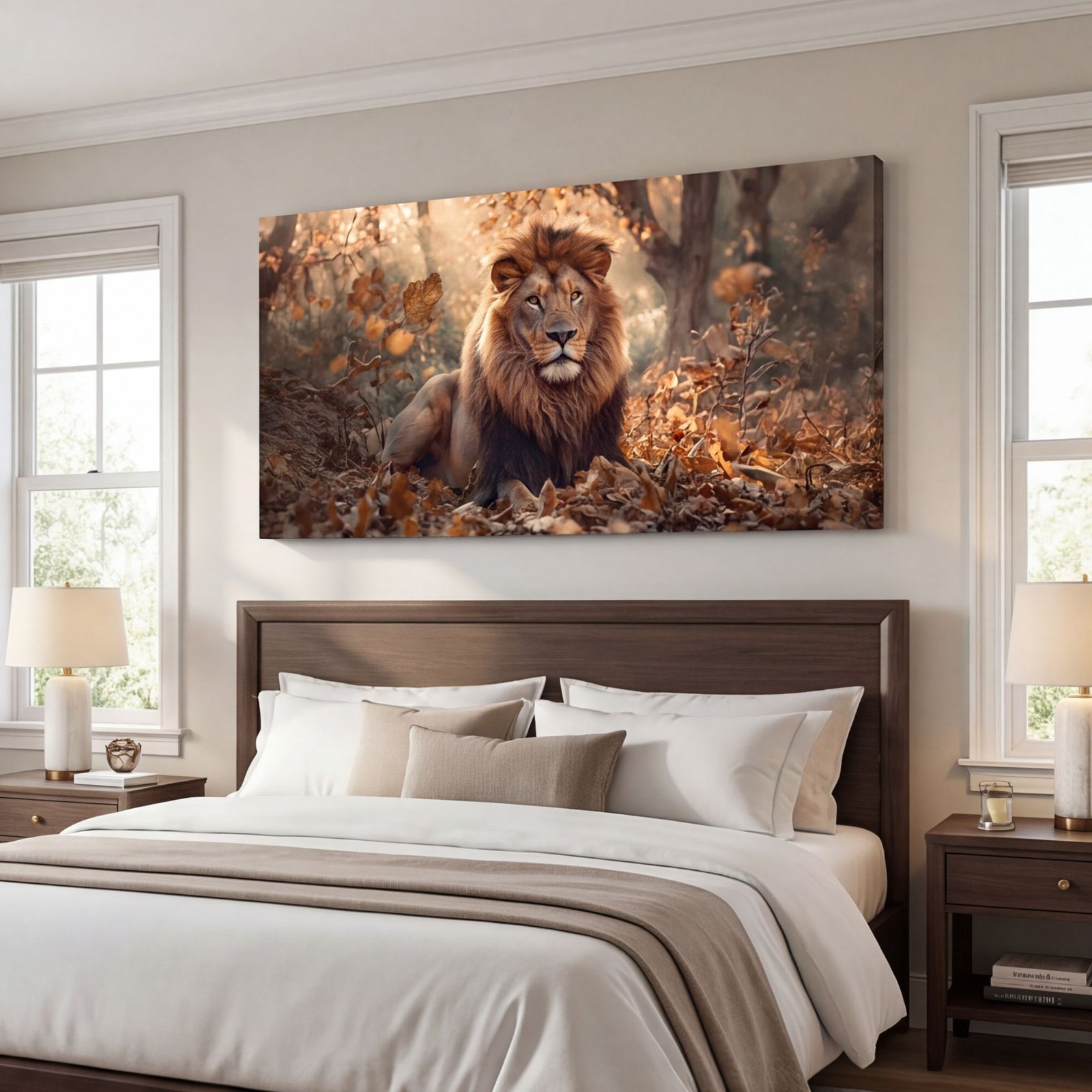 Canvas Wall Art Lion on Autumn Leaves Living Room Office Home