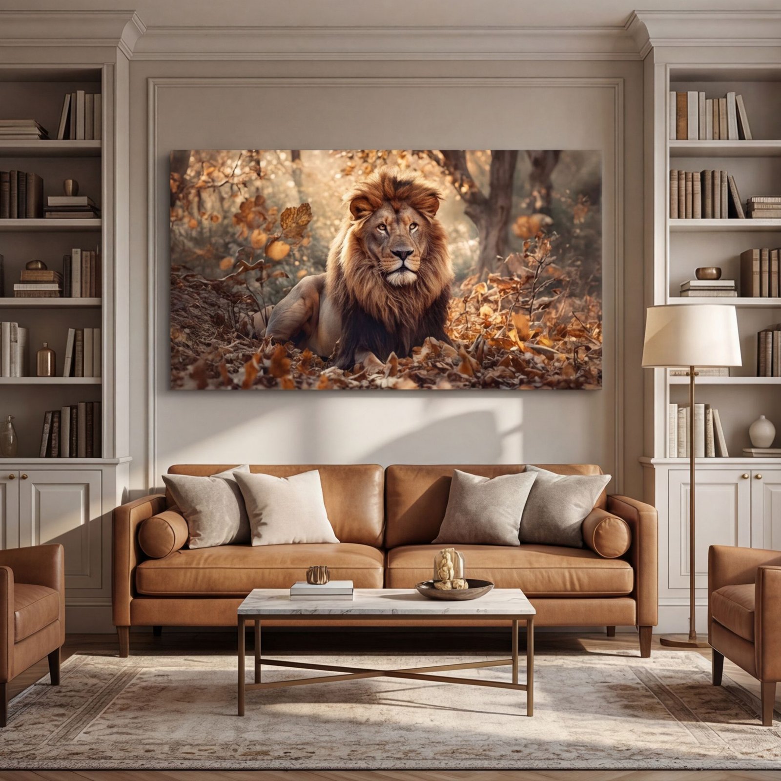 Canvas Wall Art Lion on Autumn Leaves Living Room Office Home - Image 3