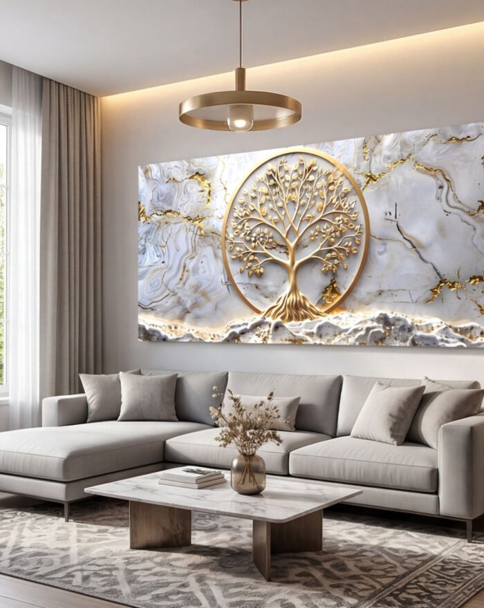 Canvas Wall Art Golden Tree of Life White Marble Lux Living Room Office Home