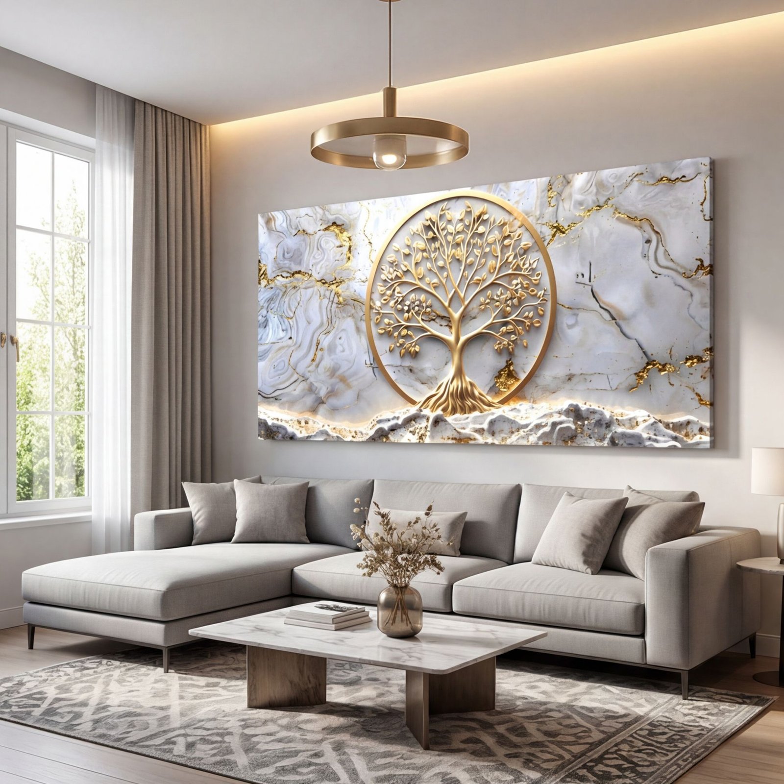 Canvas Wall Art Golden Tree of Life White Marble Lux Living Room Office Home