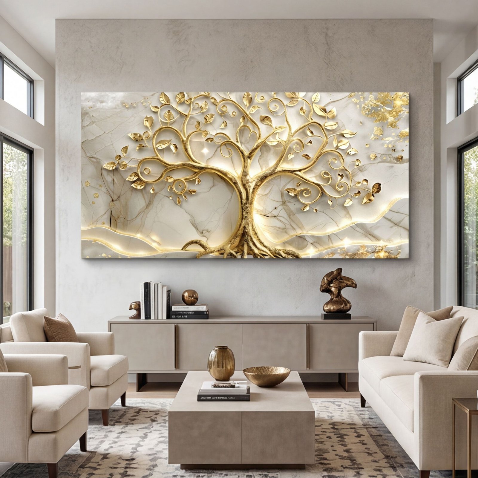 Canvas Wall Art Golden Tree of Life White Marble Living Room Office Home - Image 2