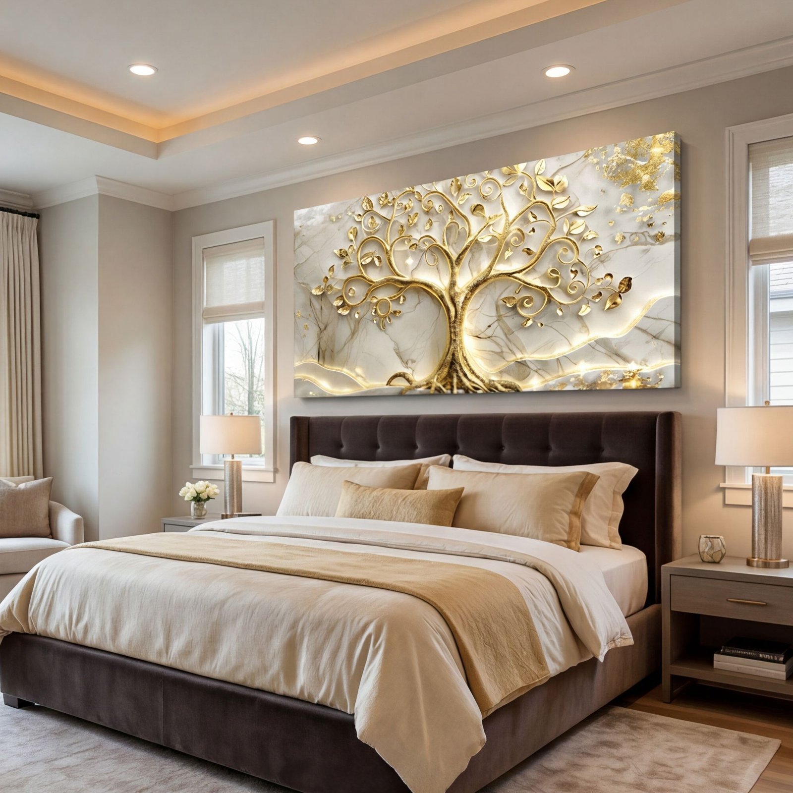 Canvas Wall Art Golden Tree of Life White Marble Living Room Office Home - Image 3