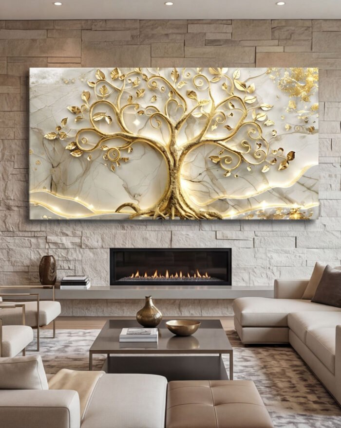 Canvas Wall Art Golden Tree of Life White Marble Living Room Office Home