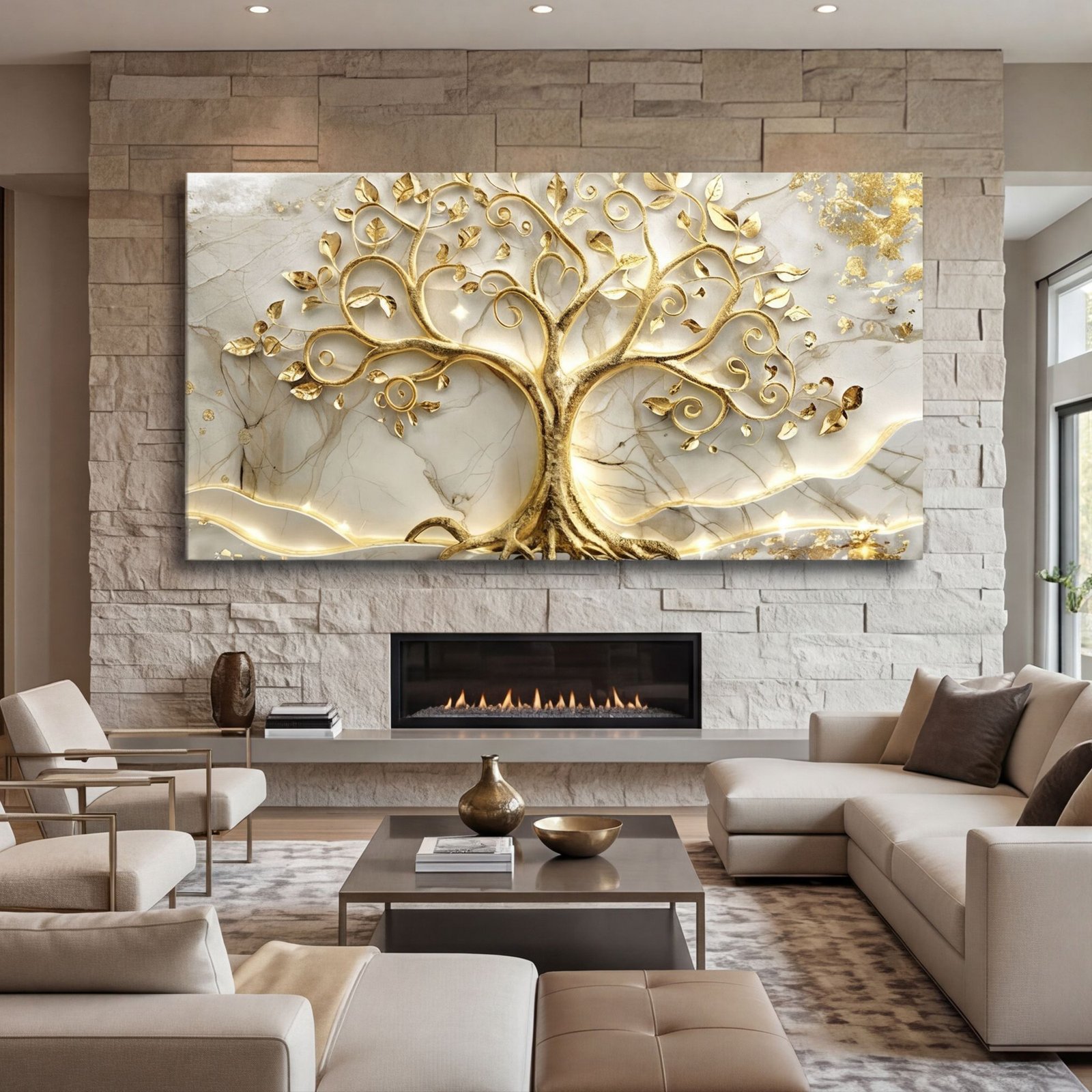 Canvas Wall Art Golden Tree of Life White Marble Living Room Office Home