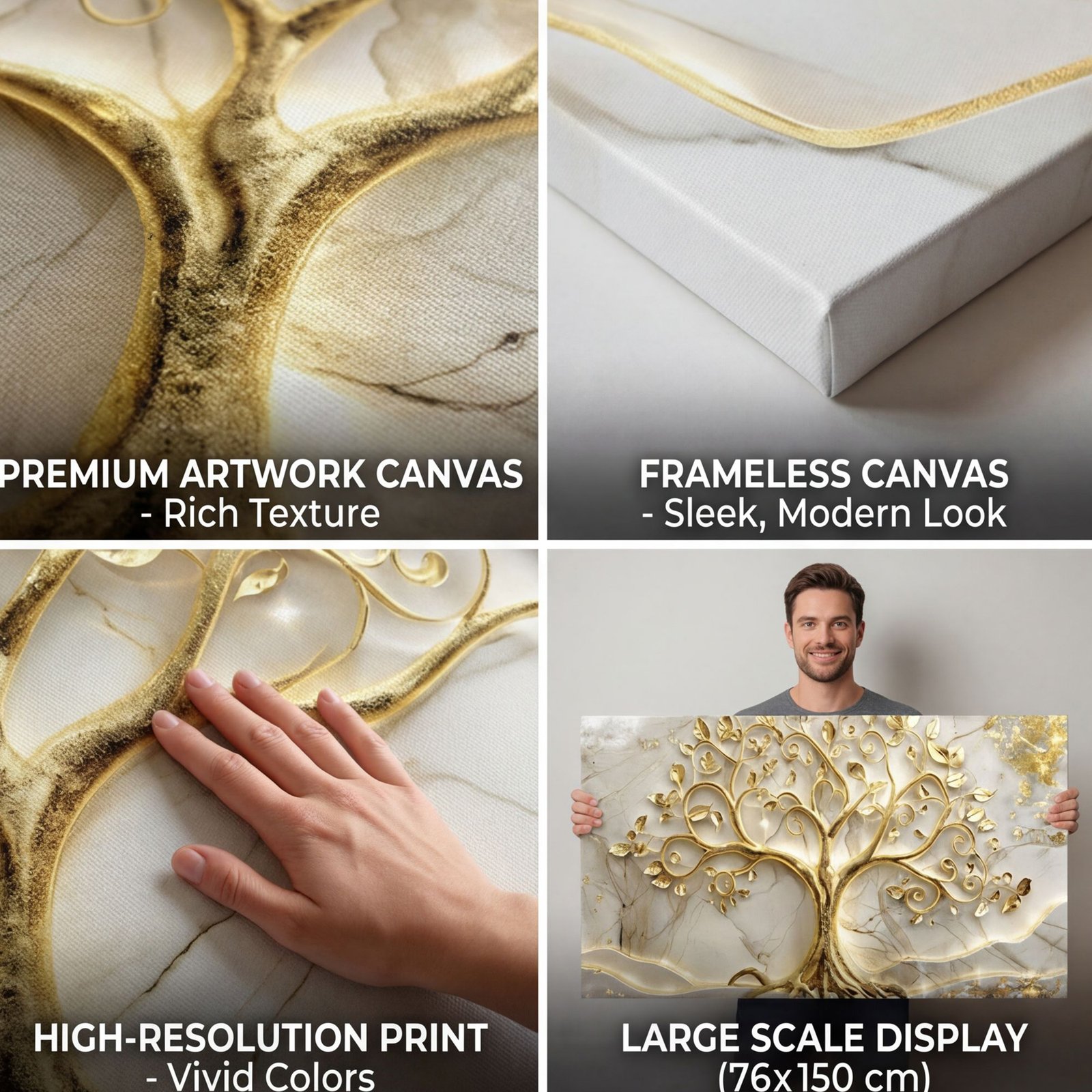 Canvas Wall Art Golden Tree of Life White Marble Living Room Office Home - Image 5
