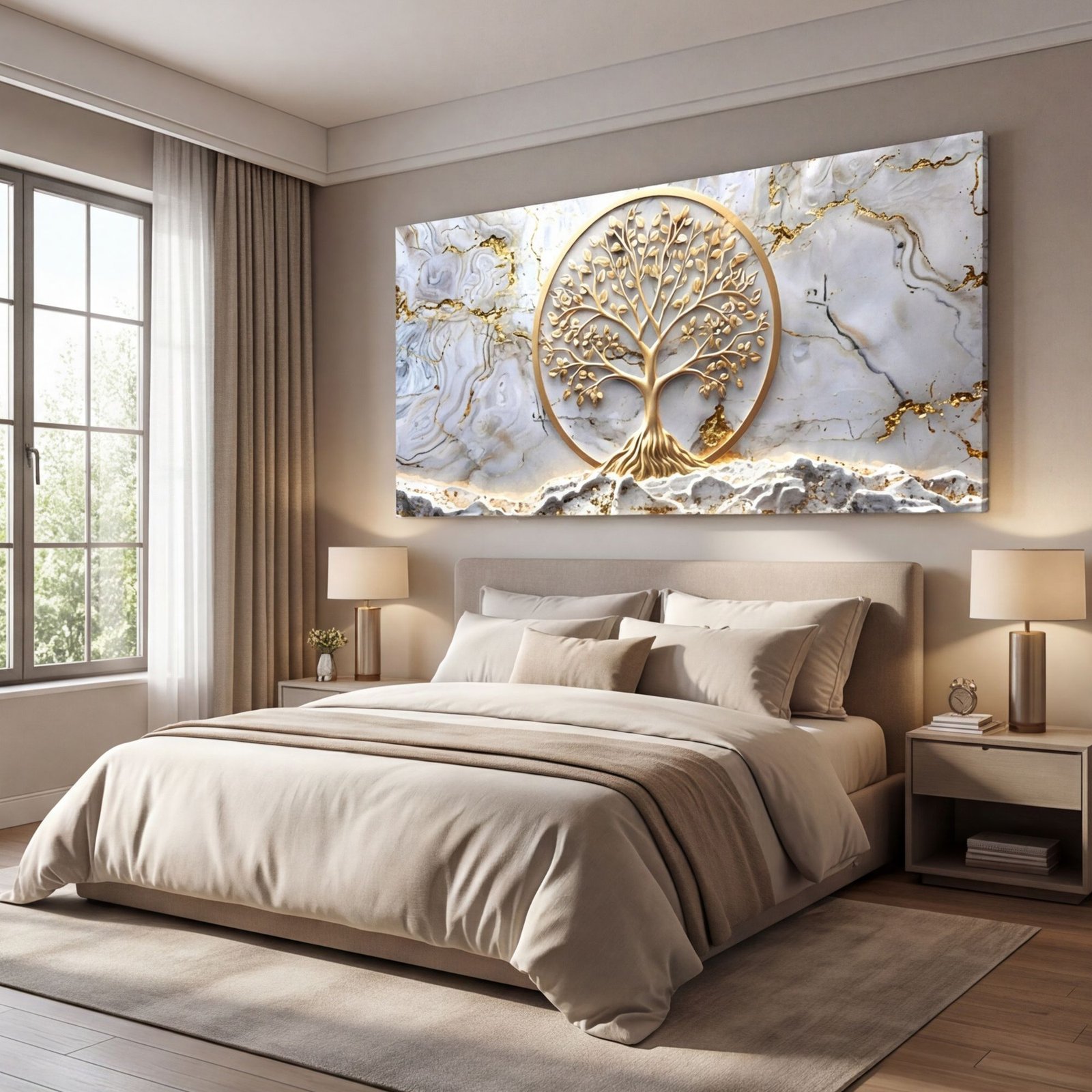 Canvas Wall Art Golden Tree of Life White Marble Lux Living Room Office Home - Image 3
