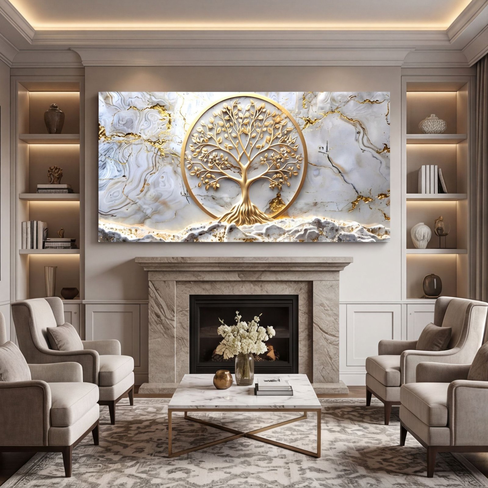 Canvas Wall Art Golden Tree of Life White Marble Lux Living Room Office Home - Image 4
