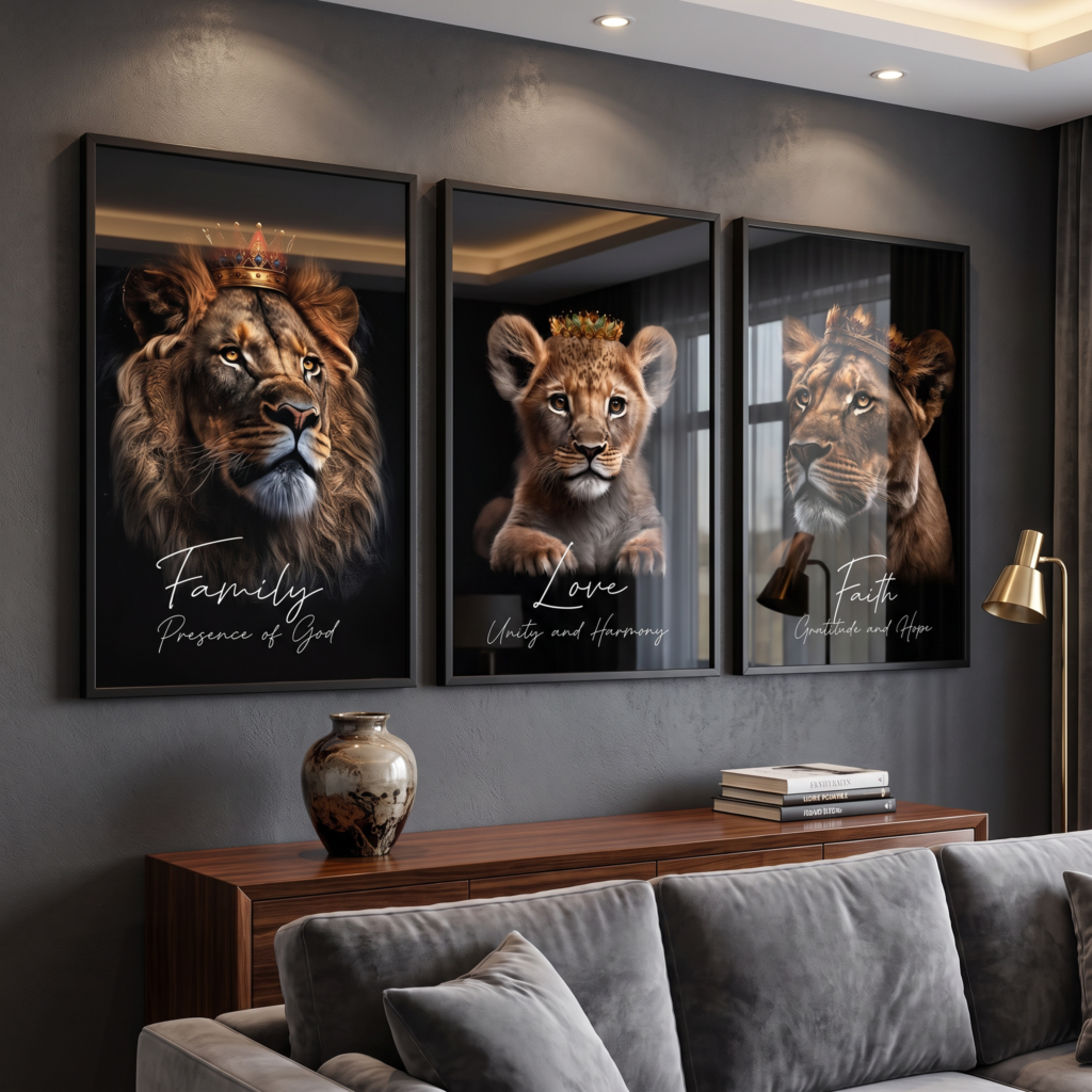 3 Piece Framed Christian Wall Decor Royal Lion Pride with Crowns Inspirational Quotes Family Unity Faith Modern Home Art