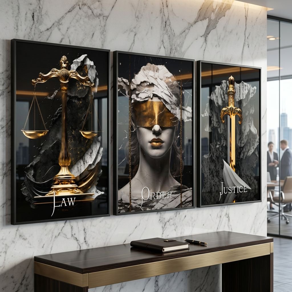 3 Piece Framed Legal Decor Wall Art Set Modern Lady Justice Statue with Gold Blindfold Professional Law Firm Office Art