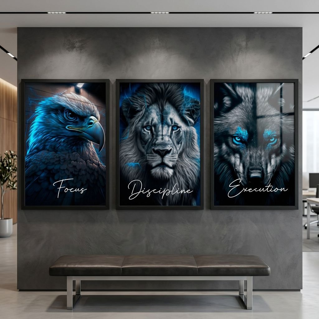 3 Piece Framed Triptych Glowing Blue Energy Power Animals Motivational Quotes Wall Decor for Workspace and Living Room