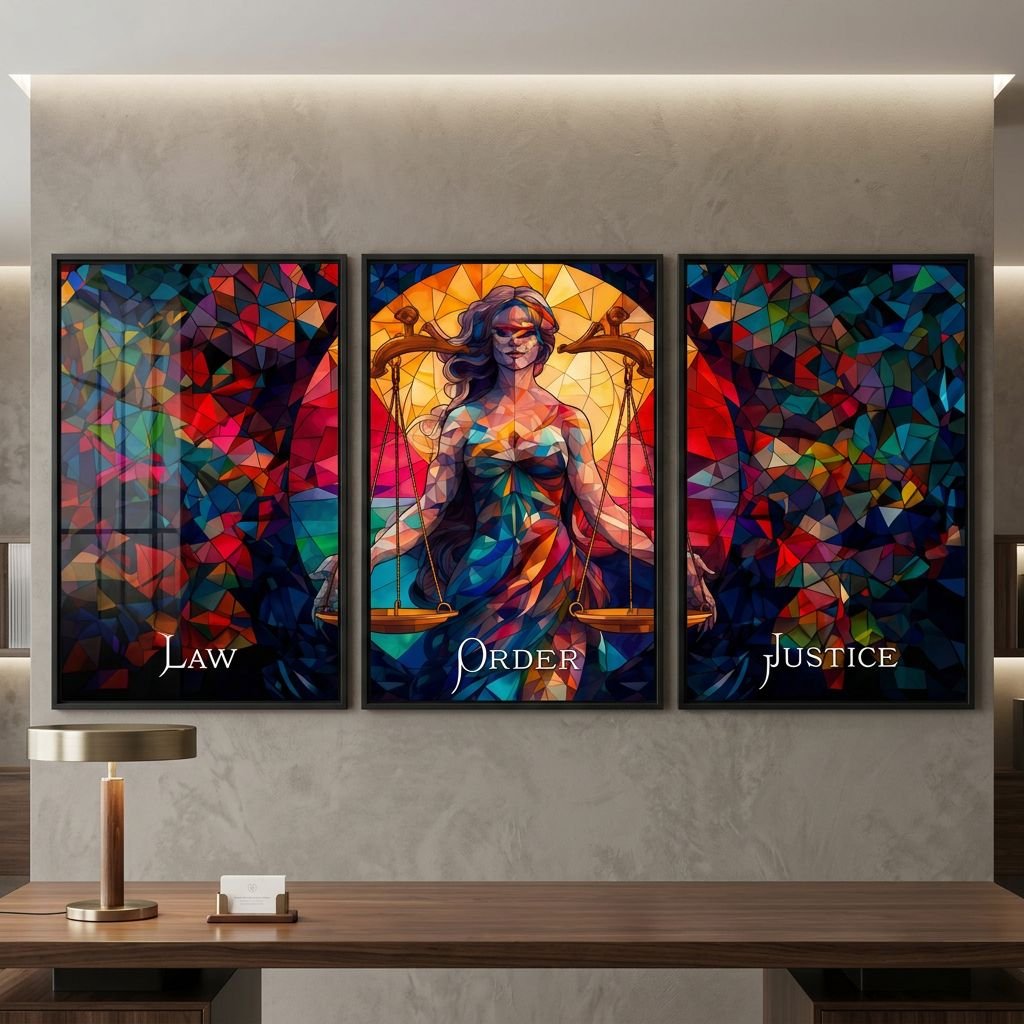 3 Piece Framed Vibrant Mosaic Themis Scales of Justice Wall Art Modern Abstract Legal Decor for Law Firm Workspace