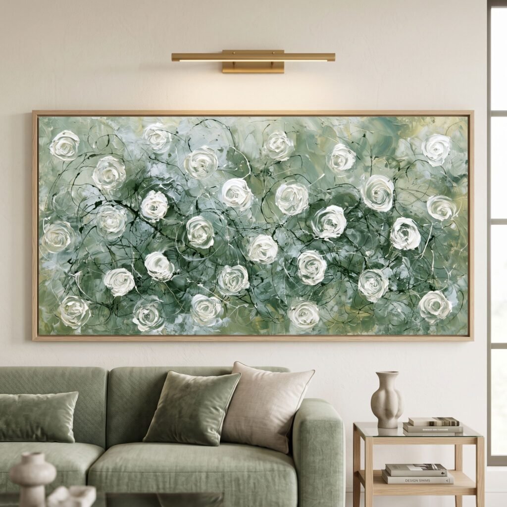Framed Oversized Sage Green Botanical Wall Decor 3D Textured White Flowers Oil Painting Print Contemporary Art