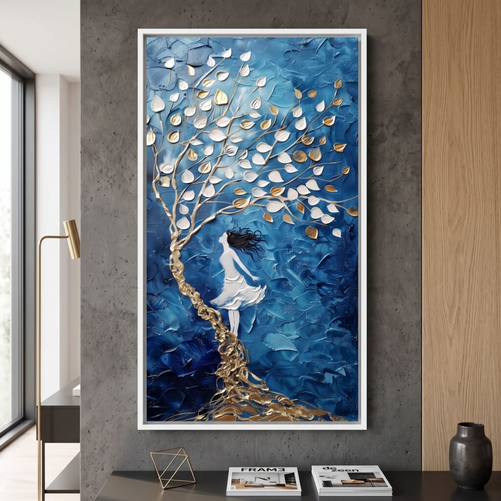 Large Abstract Blue and Gold Tree of Life Canvas Wall Art Textured Impasto Woman Silhouette Modern Living Room Decor