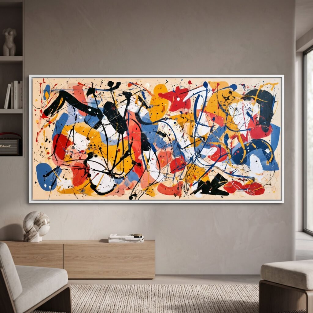 Large Panoramic Abstract Canvas Wall Art Colorful Drip Painting Red Blue Yellow Modern Expressive Decor for Living Room
