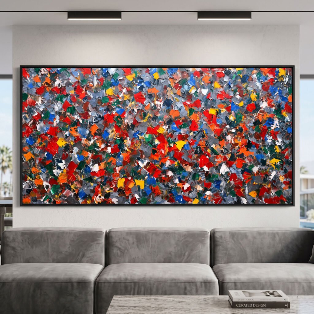Large Panoramic Abstract Canvas Wall Art Colorful Impasto Palette Knife Textured Decor for Living Room