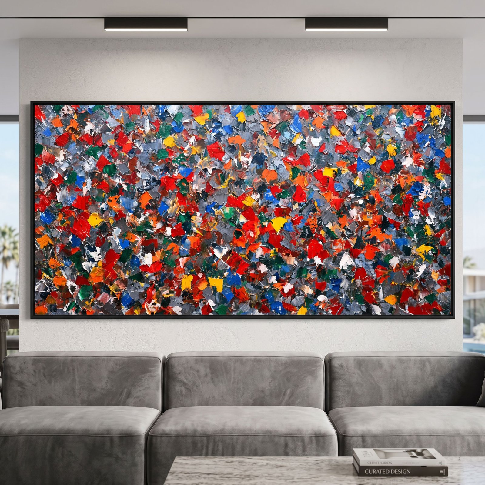Large Panoramic Abstract Canvas Wall Art Colorful Impasto Palette Knife Textured Decor for Living Room