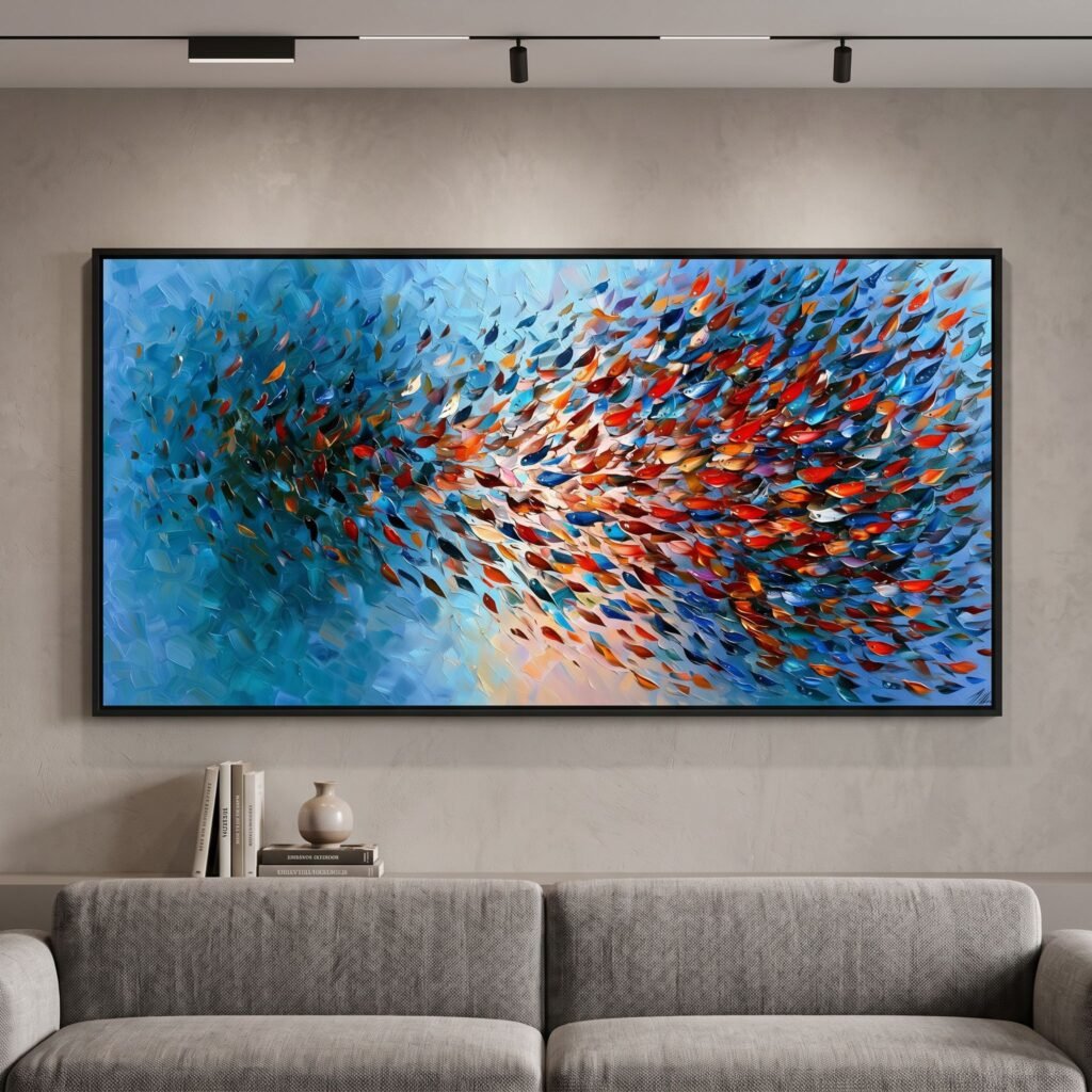 Large Panoramic Abstract Canvas Wall Art Colorful Impasto School of Fish Blue Ocean Textured Decor for Living Room