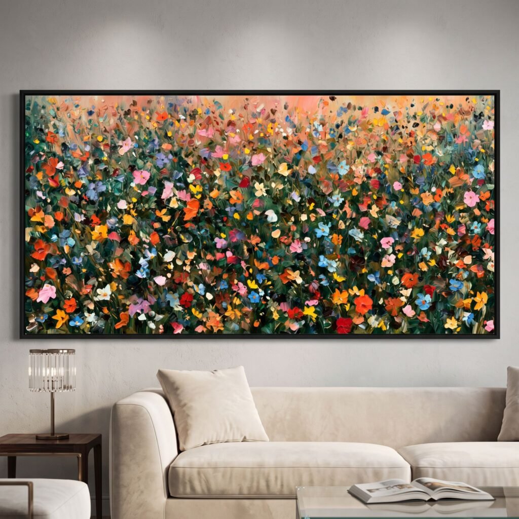 Large Panoramic Abstract Floral Canvas Wall Art Colorful Impasto Wildflower Meadow Field Decor for Living Room