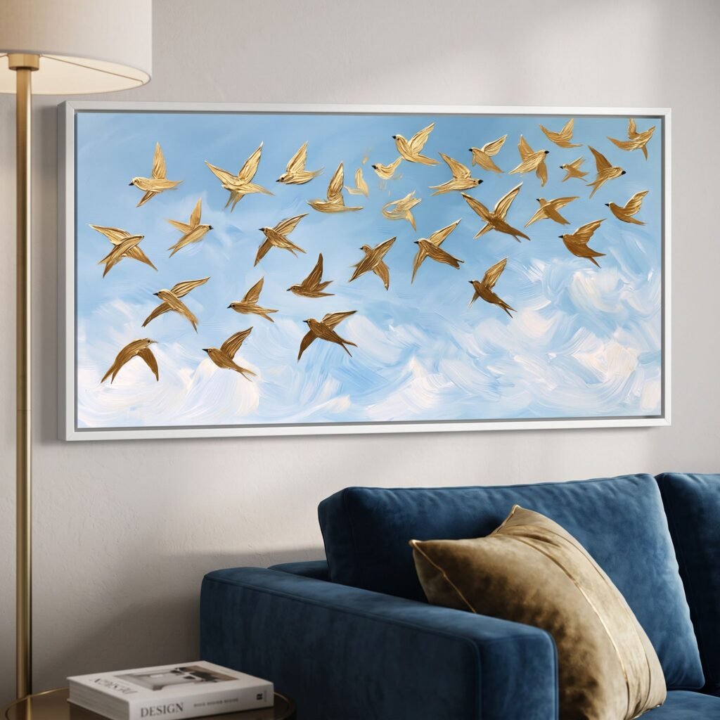 Large Panoramic Blue and Gold Canvas Wall Art Flying Flock of Birds Textured Sky Decor for Living Room Bedroom