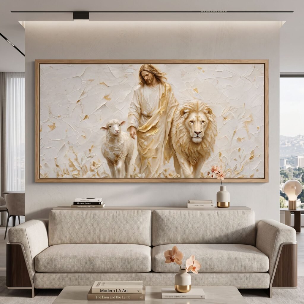 Large Panoramic Jesus Lion and Lamb Canvas Wall Art White and Gold Textured Christian Decor for Living Room