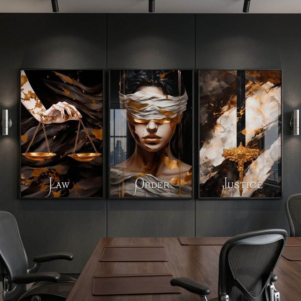 Set of 3 Black and Gold Lady Justice Wall Art Prints Scales and Sword Law Order Justice Canvas Decor for Lawyer Office