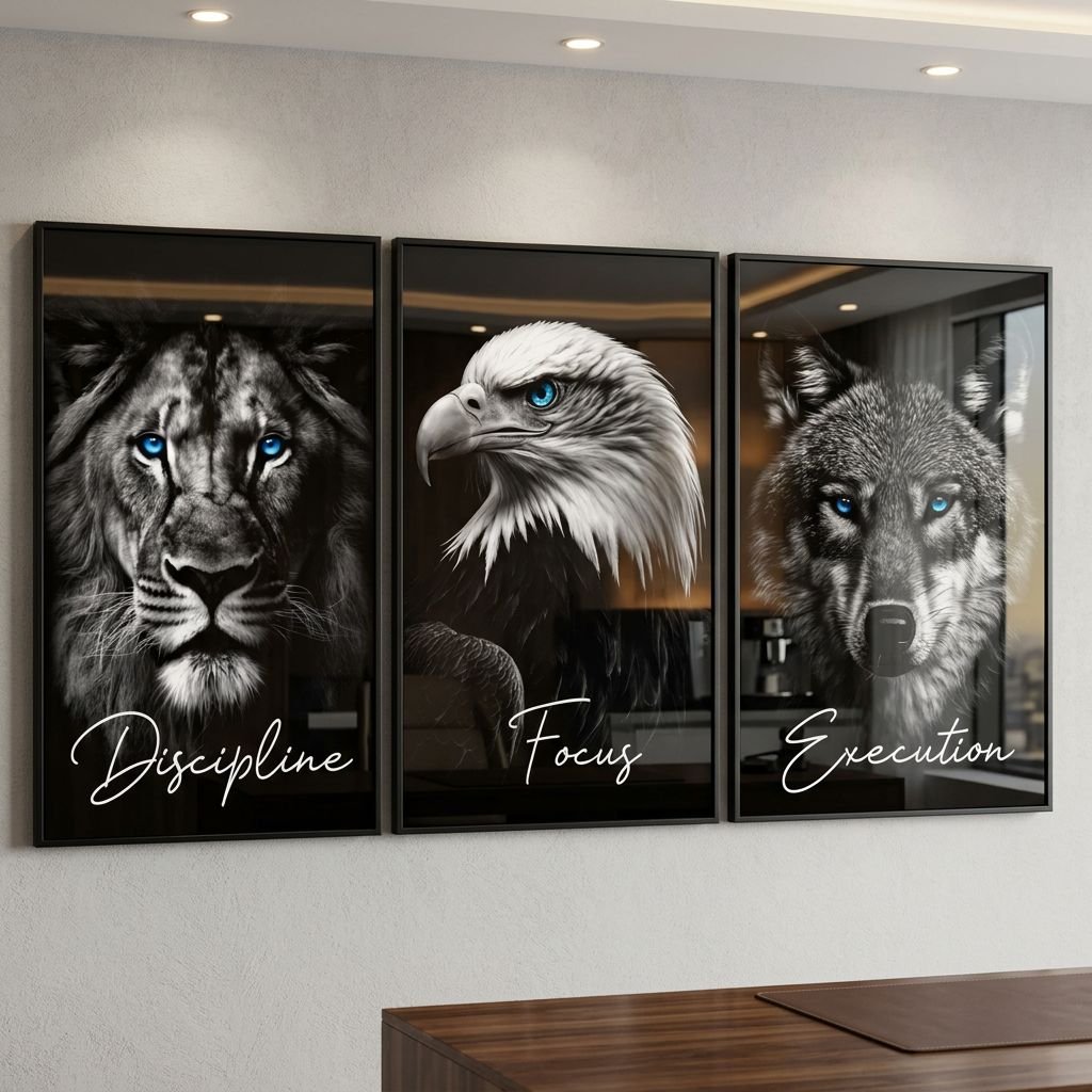 Set of 3 Framed Canvas Wall Art Prints | Black & White Lion, Eagle, Wolf | Striking Blue Eyes and Motivational Quotes ("Discipline, Focus, Execution") | Modern Home & Office Wall Decor