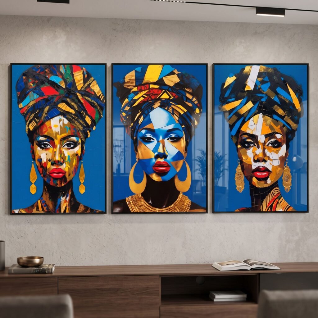 Set of 3 Framed Canvas Wall Art Prints, Vibrant African Woman Portraits with Gold Leaf Details, Large 3-Piece Wall Decor for Living Room