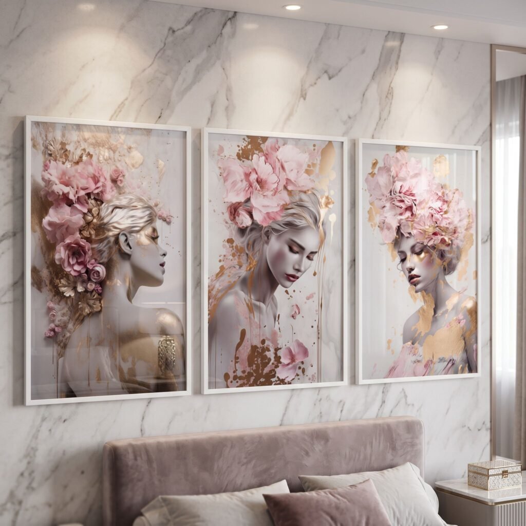 Set of 3 Wall Art Prints Pink Flowers & Gold Leaf Woman Portrait Luxury Bedroom Living Room Decor