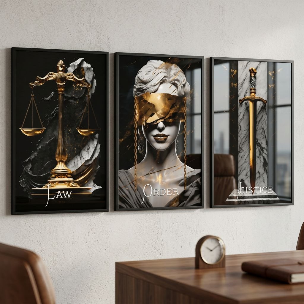 Set of 3 White Marble and Gold Lady Justice Wall Art Prints Scales Sword Law Order Justice Canvas Decor for Lawyer Office