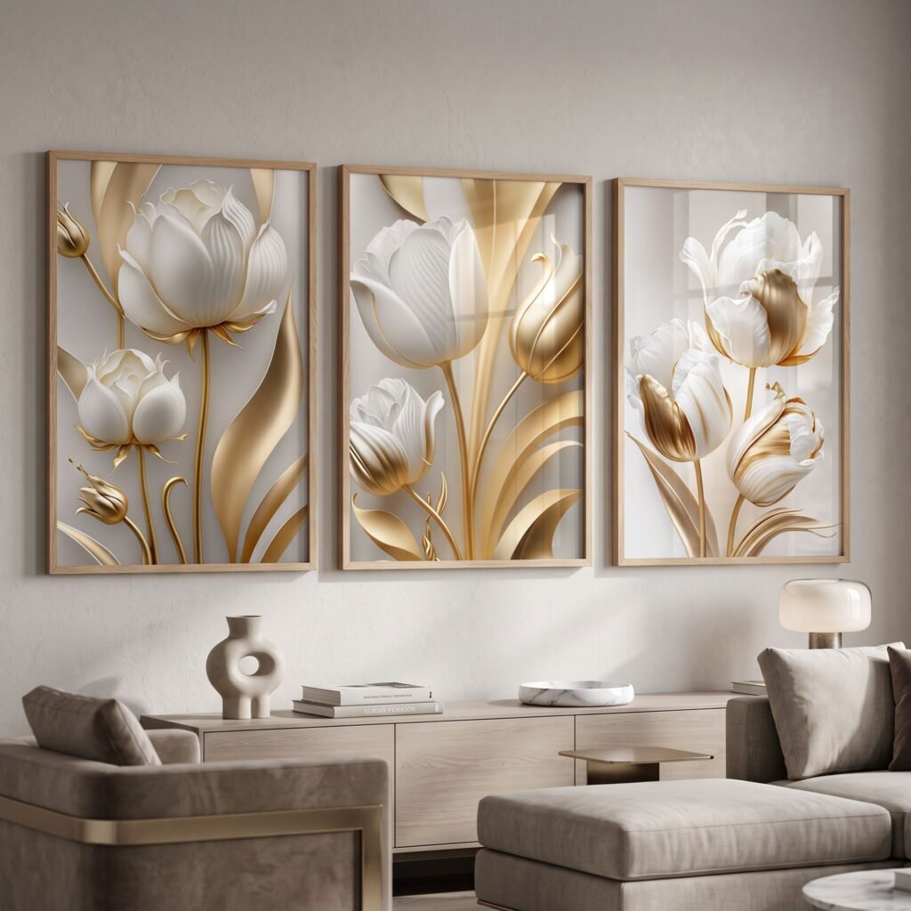 Set of 3 White and Gold Floral Wall Art Prints Elegant 3D Tulips Botanical Canvas Decor for Living Room Bedroom